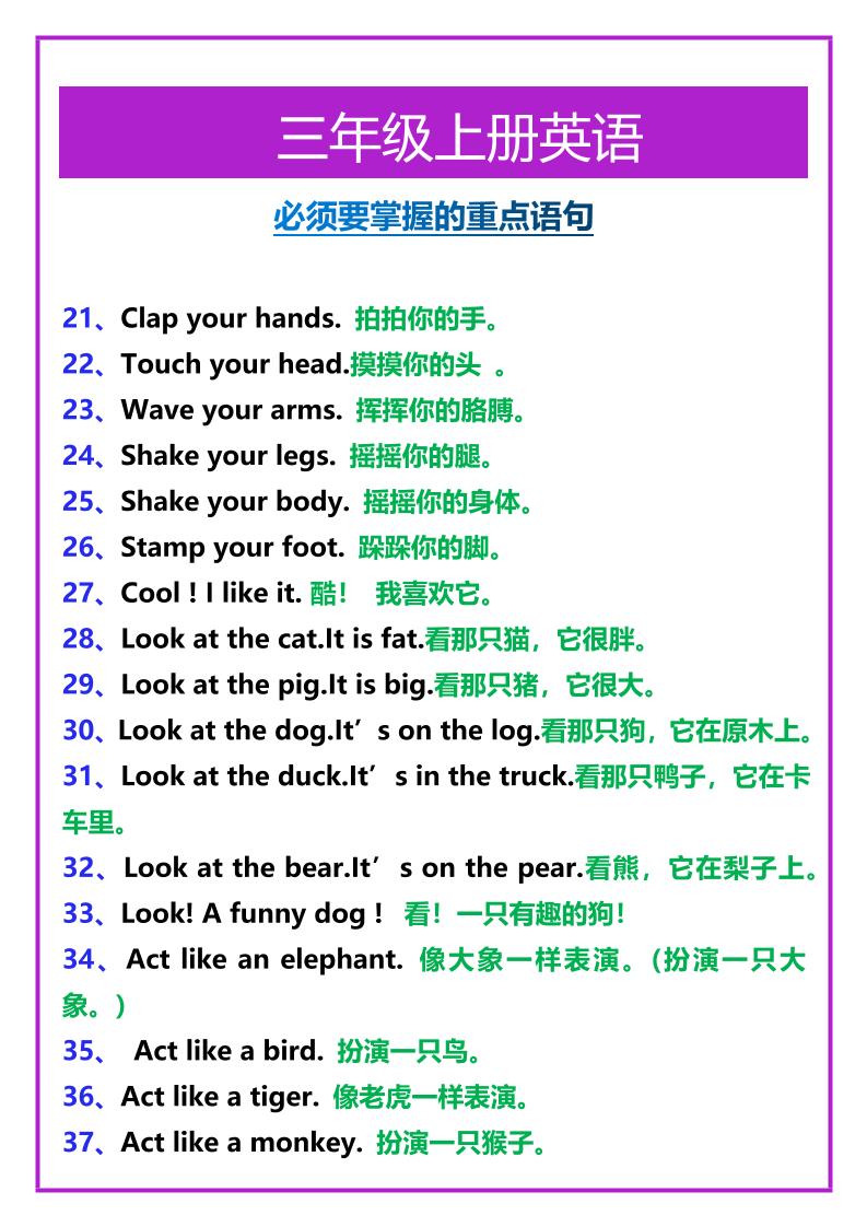 【2025秋新版】三年级上册英语必须要掌握的重点语句