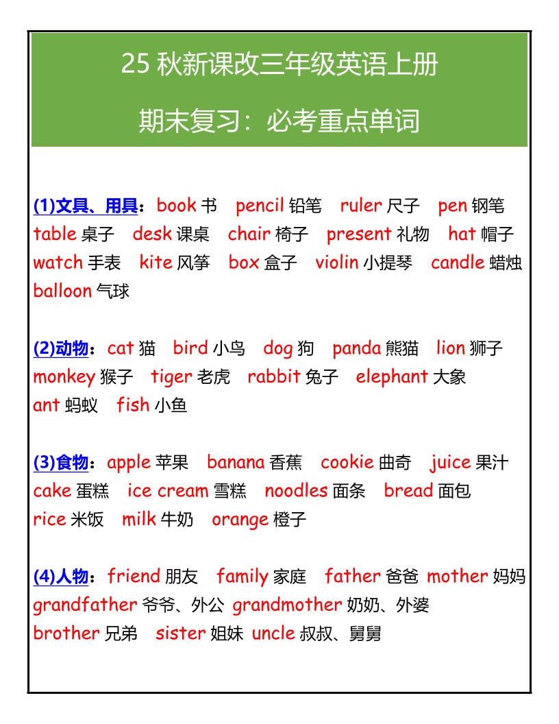 【2025秋新版】三年级英语上册期末必考重点单词汇总