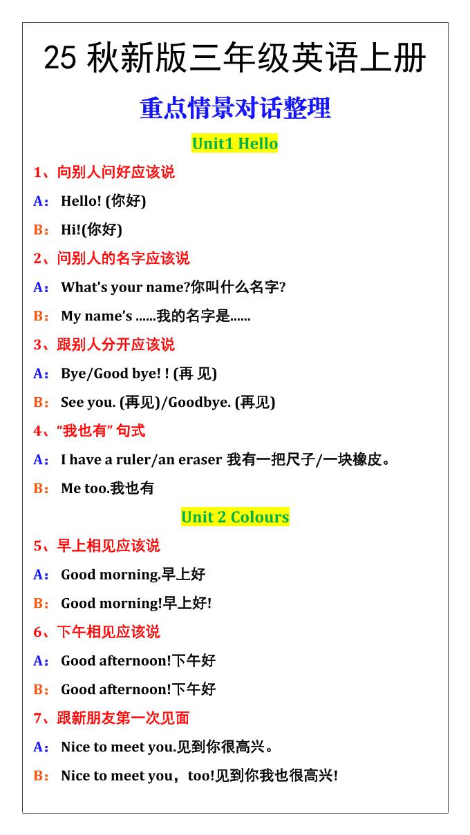 【2025秋新版】三年级英语上册重点情景对话整理汇总