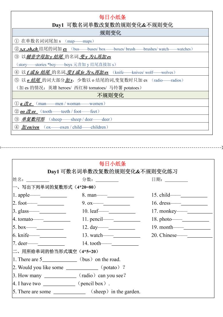 三上人教PEP版英语【语法每日小纸条】