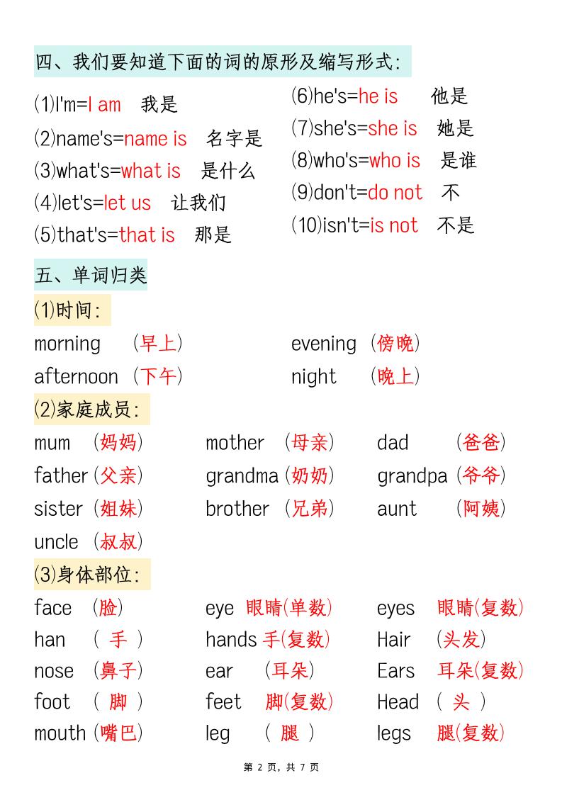 二升三英语暑假预习必背知识汇总通用版7页三上