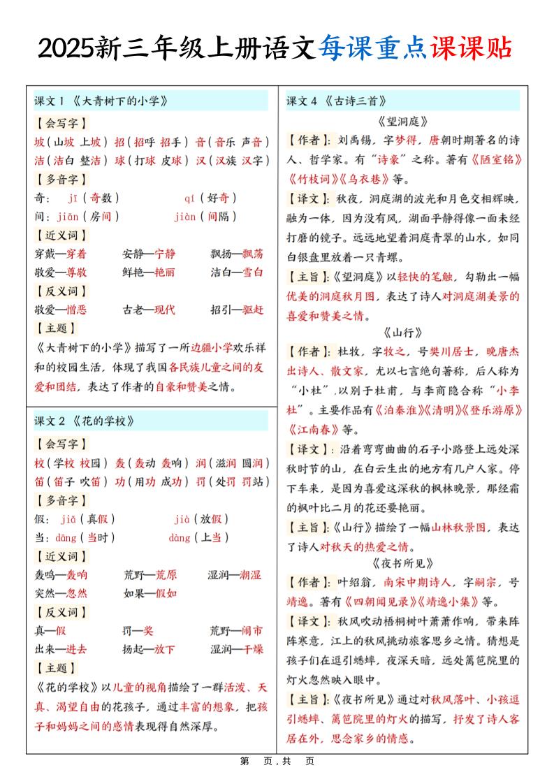 2025新三上语文每课重点课课贴（7页）