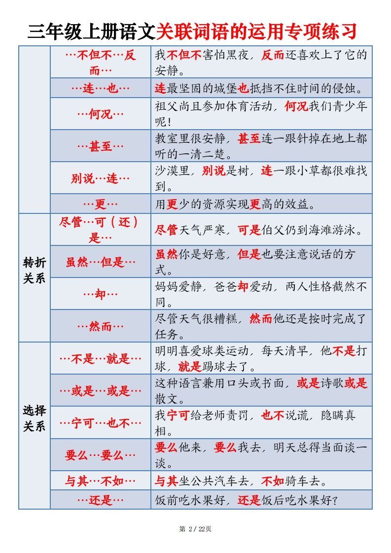 【期末关联词语的运用专项练习】三上语文