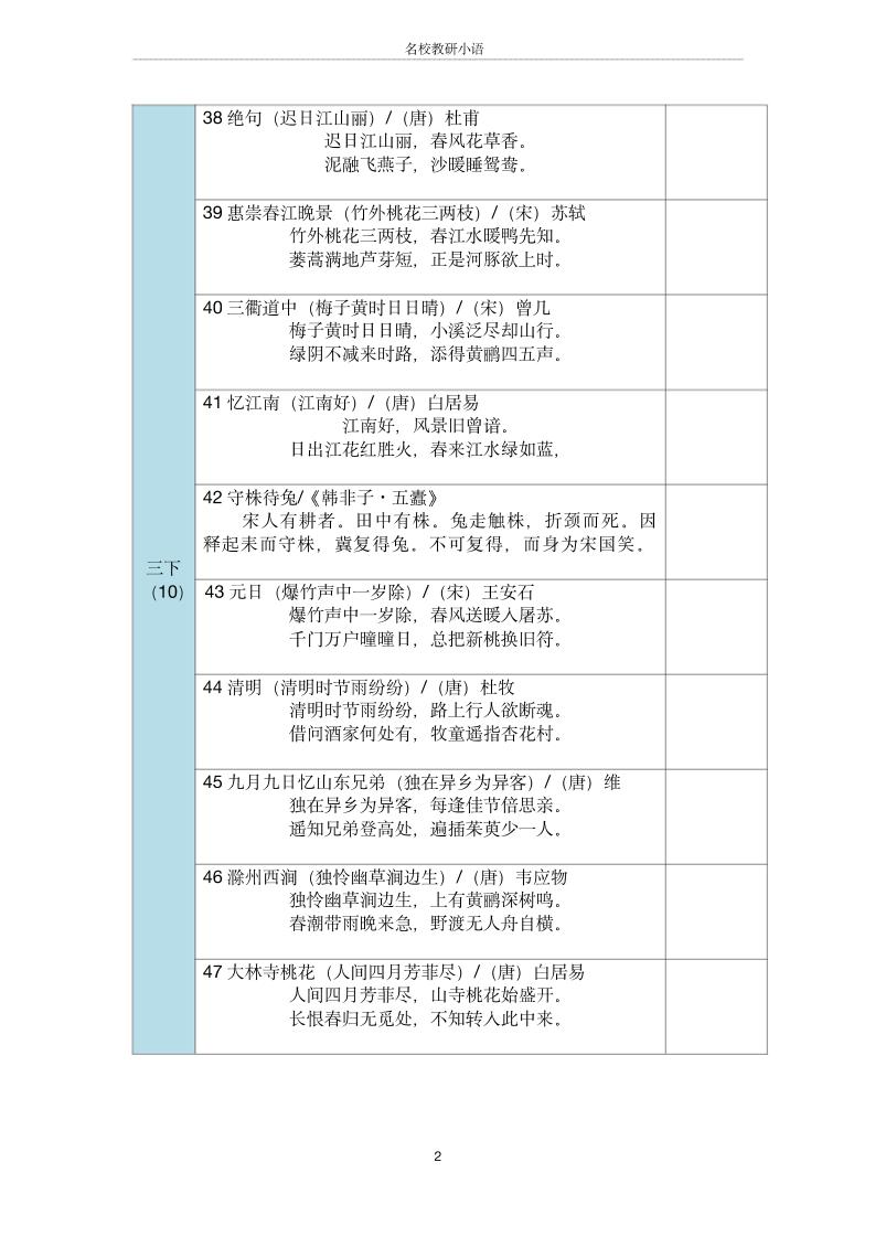 三年级古诗文背诵记录表-三上语文