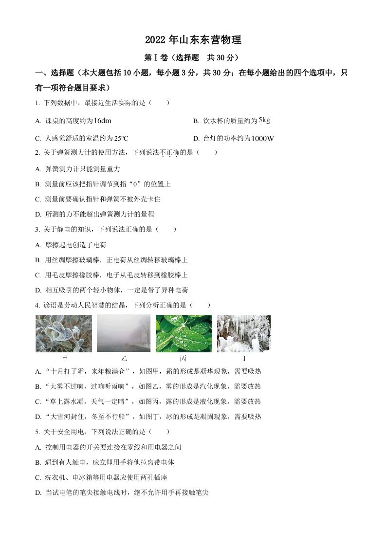 2022年山东省东营市中考物理试题（空白卷）