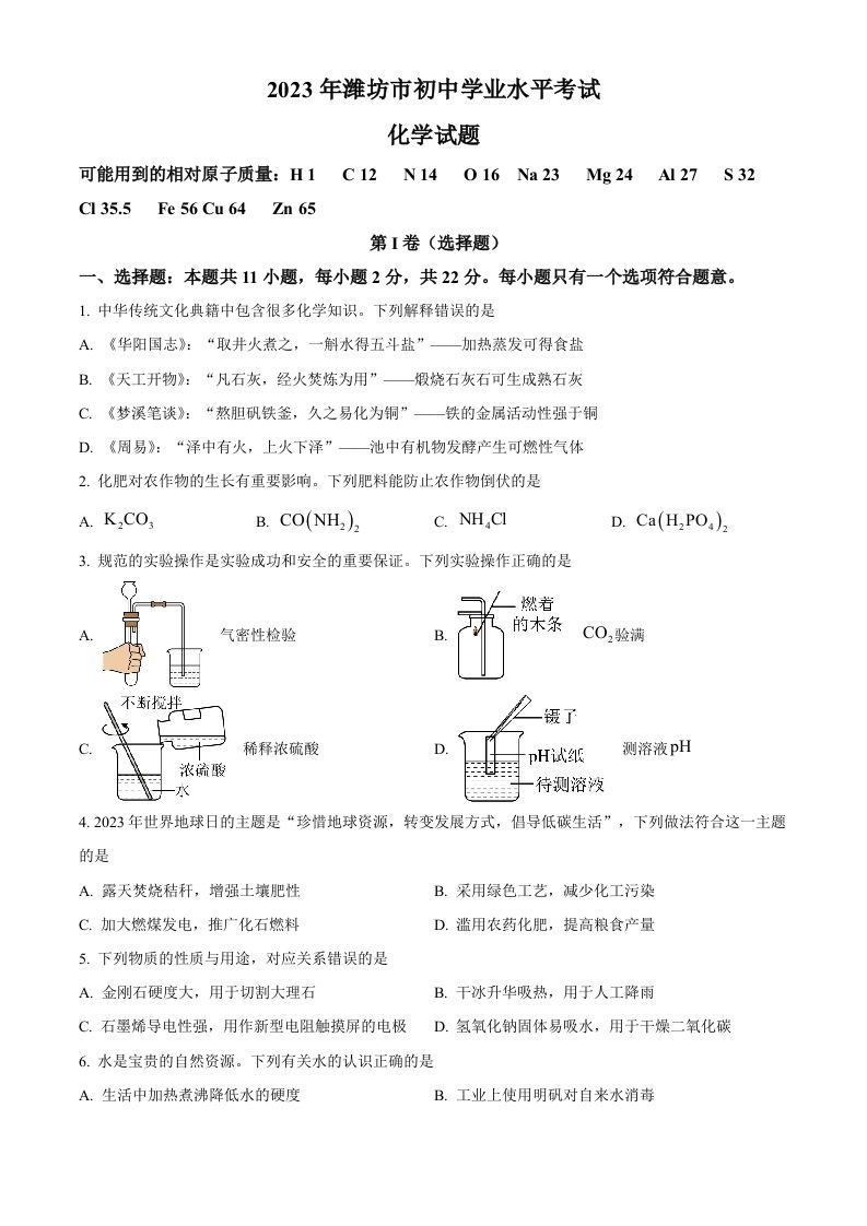2023年山东省潍坊市中考化学真题（空白卷）