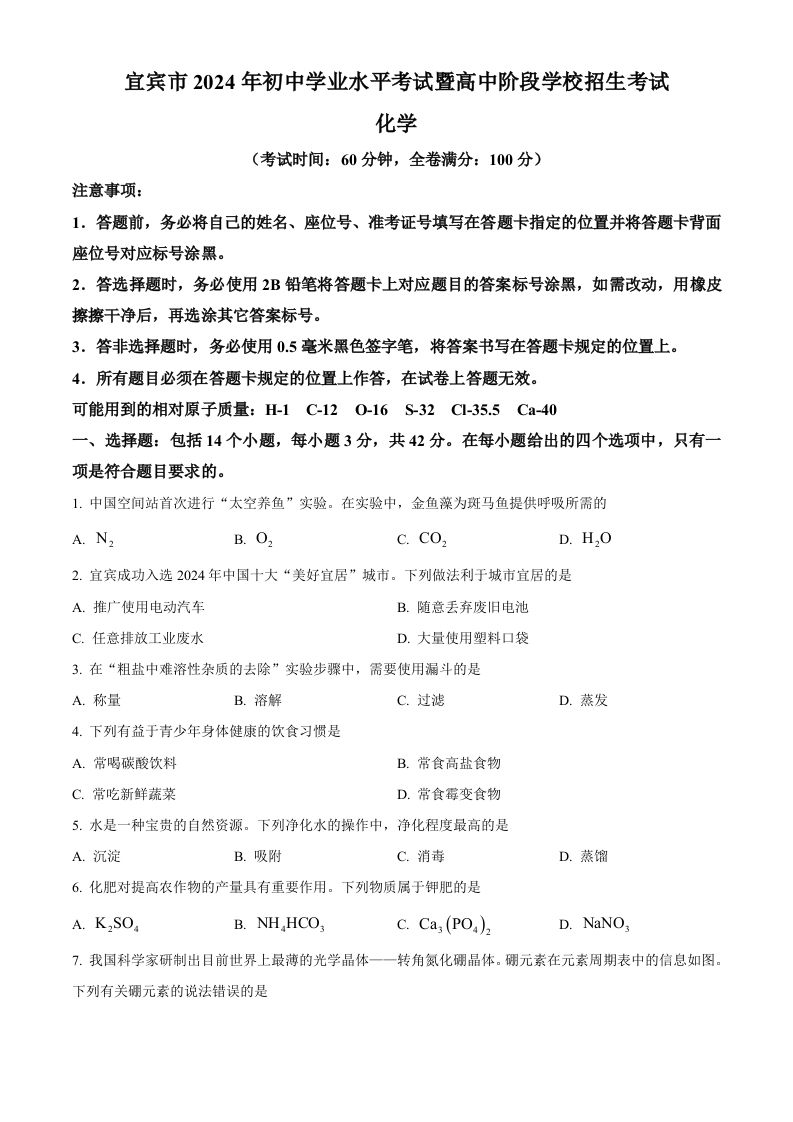 2024年四川省宜宾市中考化学真题（空白卷）