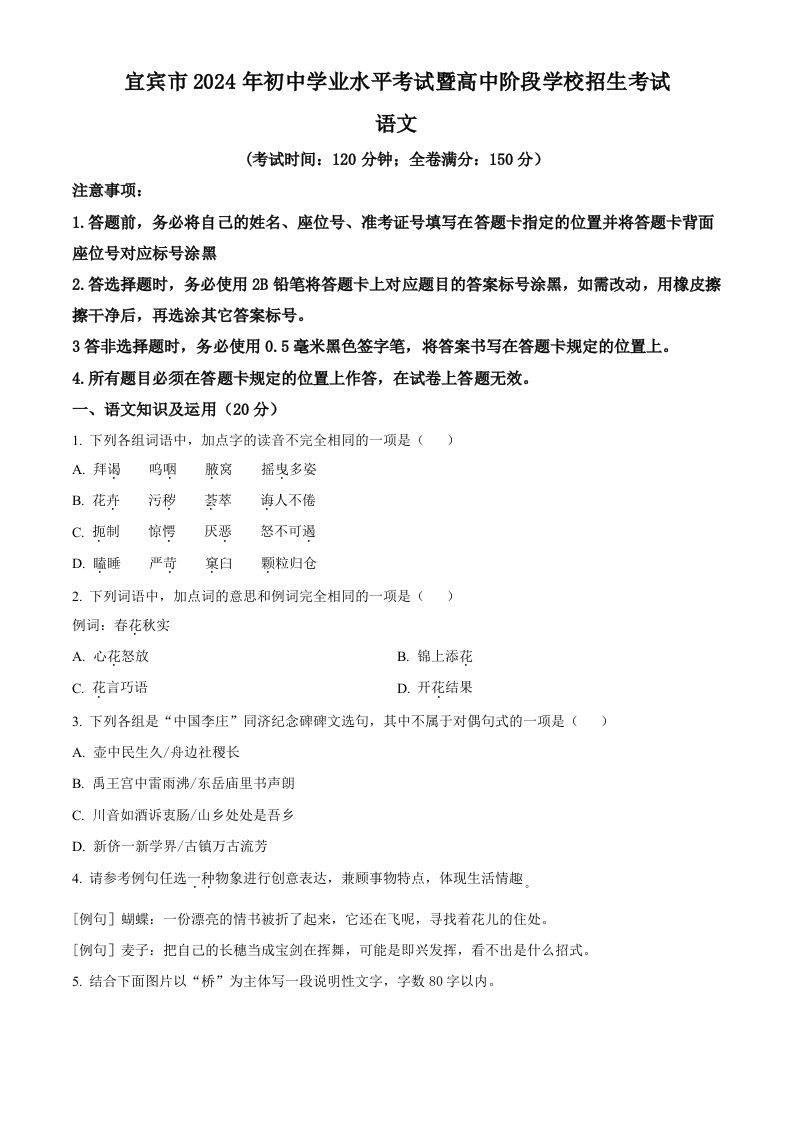 2024年四川省宜宾市中考语文真题（空白卷）