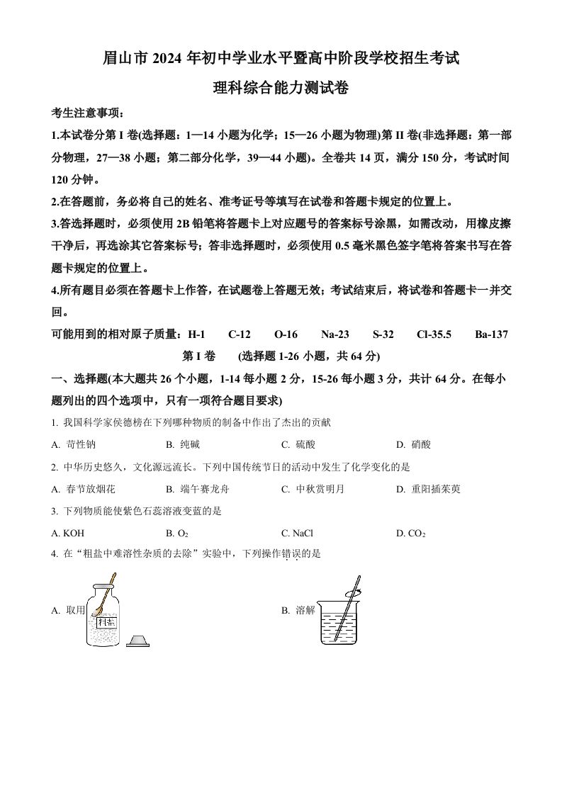 2024年四川省眉山市中考化学真题（空白卷）