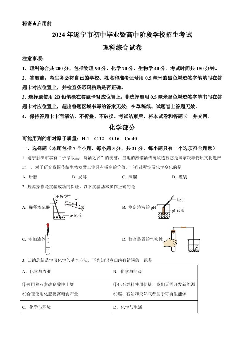 2024年四川省遂宁市中考化学真题（空白卷）