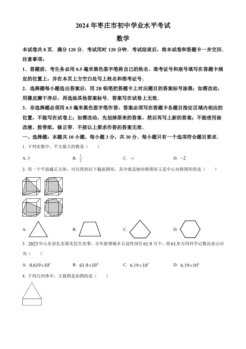 2024年山东省枣庄市中考数学试题（枣庄聊城临沂菏泽）（空白卷）