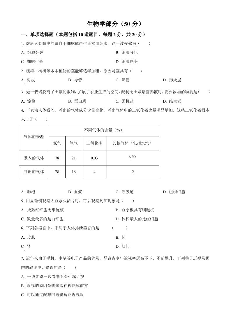 2024年甘肃省天水市中考生物试题（空白卷）