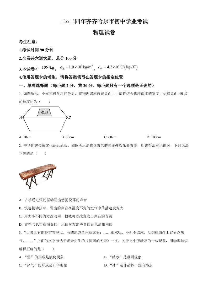 2024年黑龙江省齐齐哈尔市中考物理试题（空白卷）