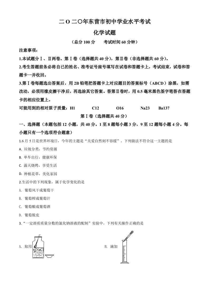 山东省东营市2020年中考化学试题（空白卷）