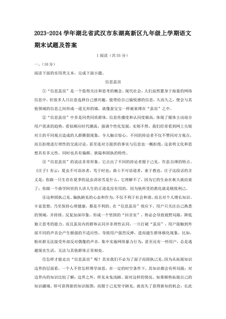 2023-2024学年湖北省武汉市东湖高新区九年级上学期语文期末试题及答案(Word版)