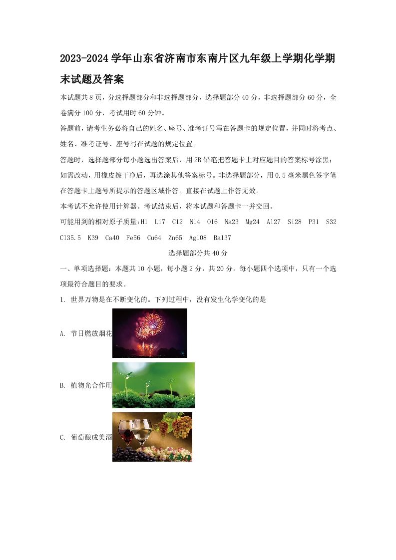 2023-2024学年山东省济南市东南片区九年级上学期化学期末试题及答案(Word版)