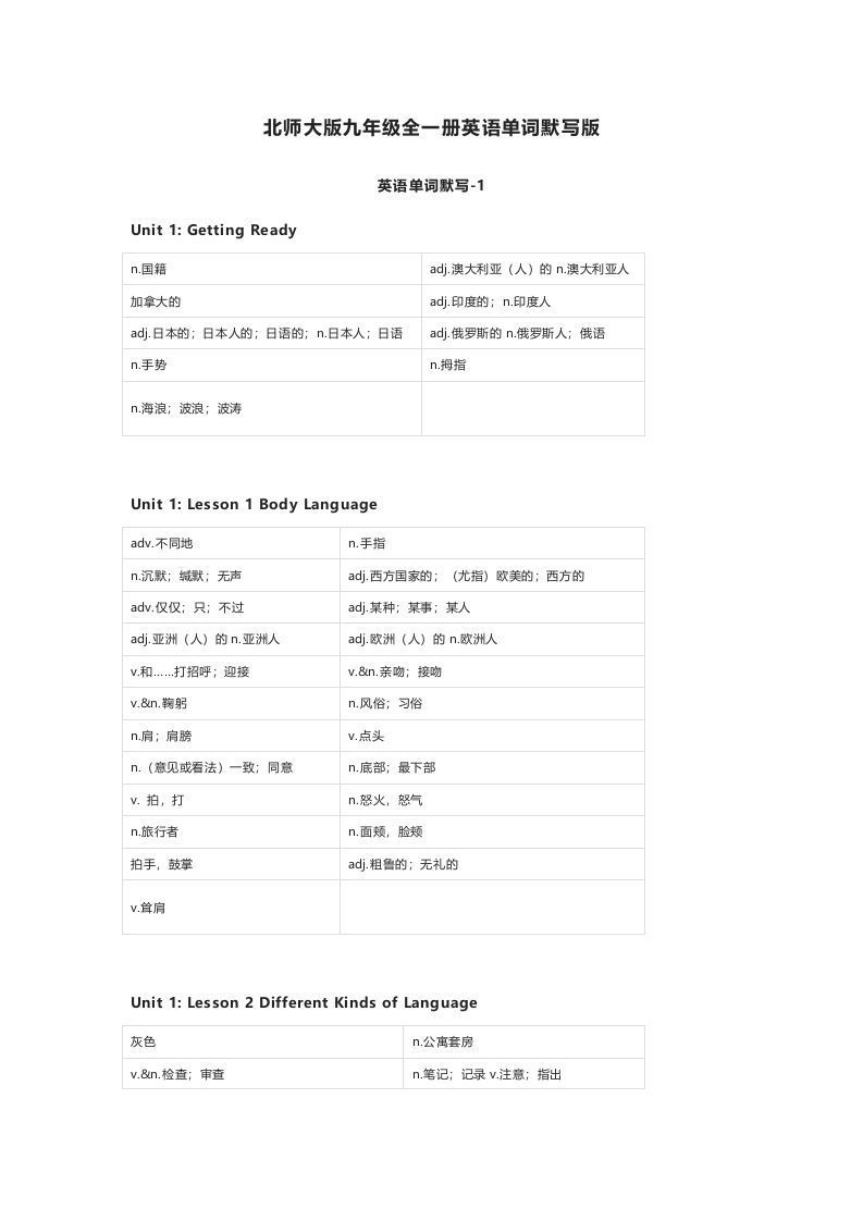 北师大版九年级上册英语单词默写表