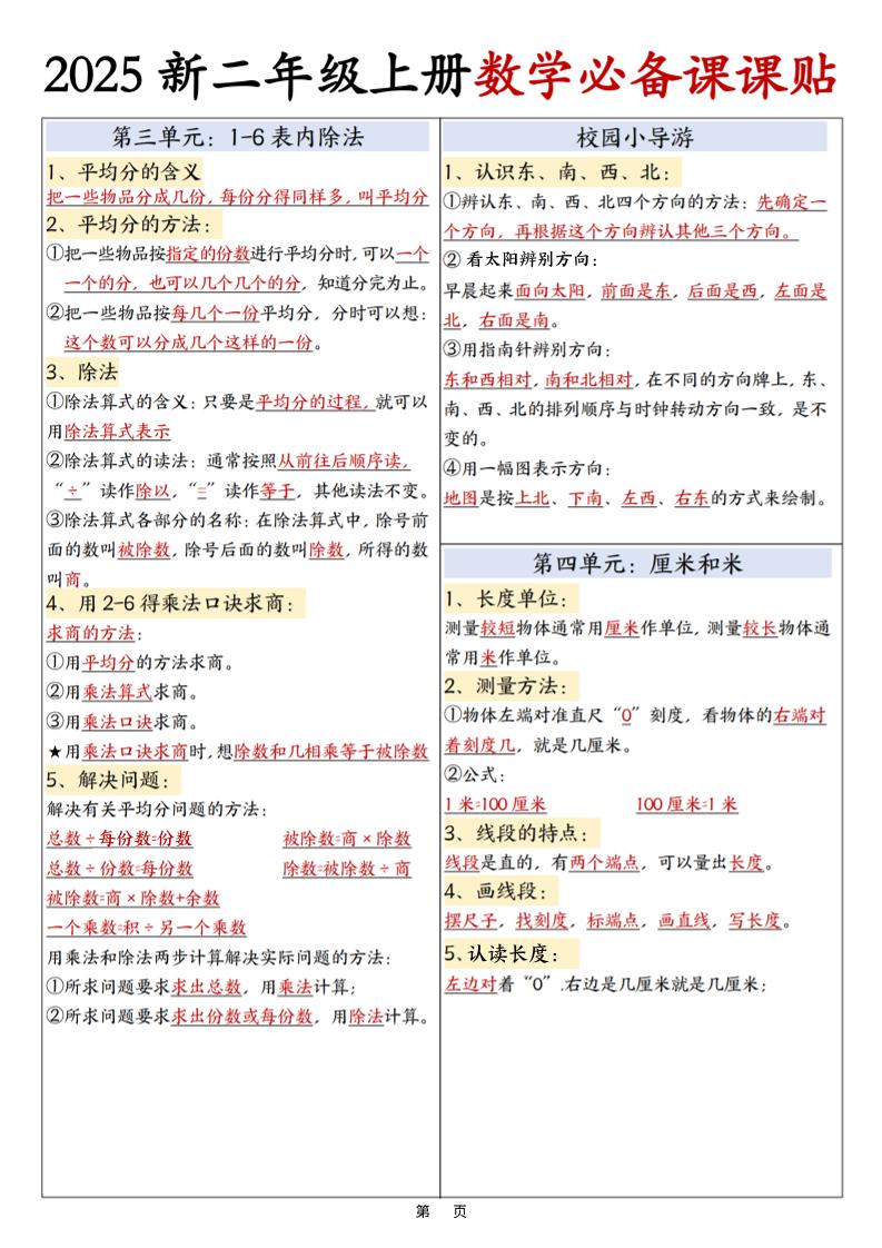 25新二年级上册数学必备课课贴彩色版（3页）