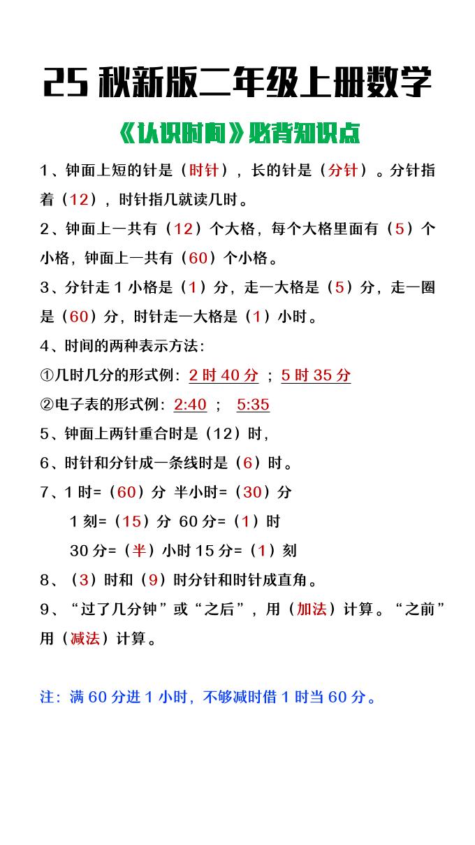【2025秋新版】二年级上册数学认识时间必背知识点整理