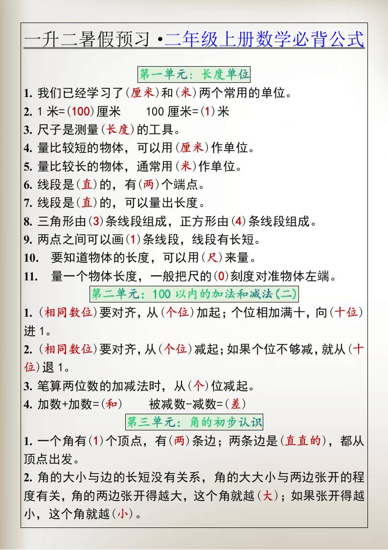 一升二暑假预习·二年级上册数学必背公式