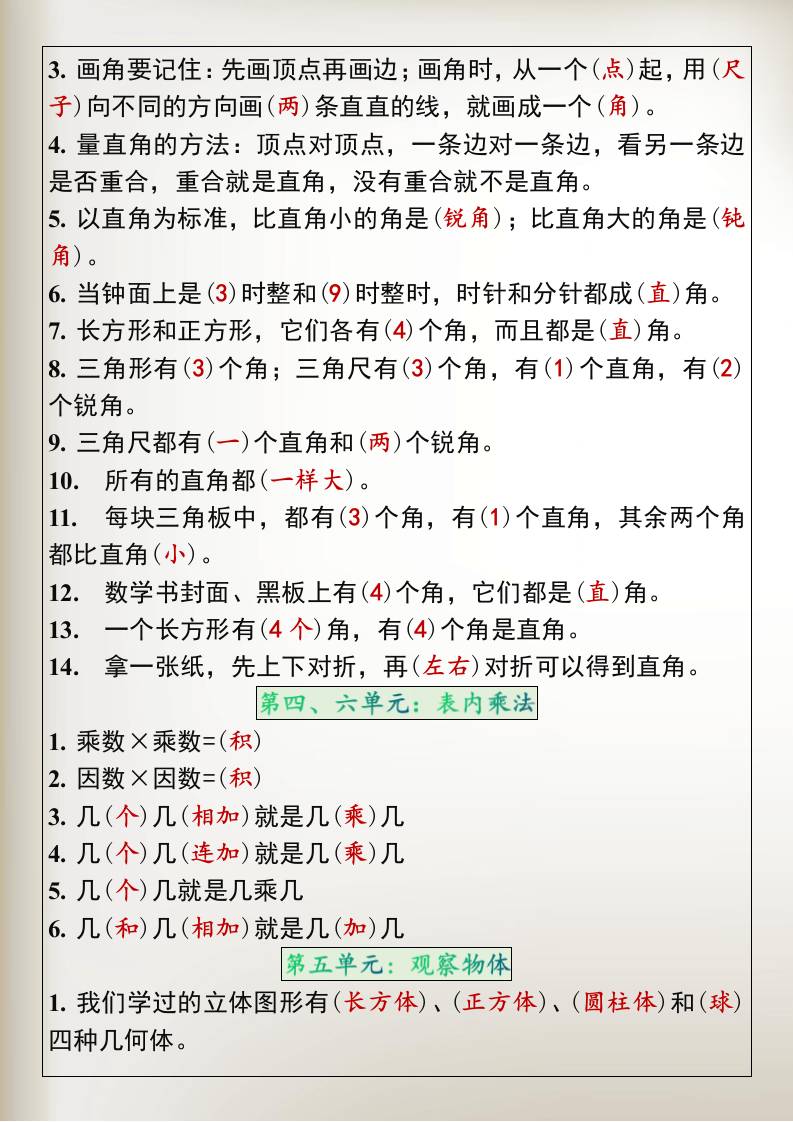 一升二暑假预习·二年级上册数学必背公式