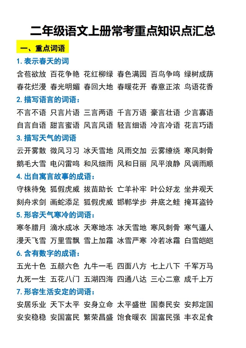 二年级语文上册常考重点知识点汇总必背