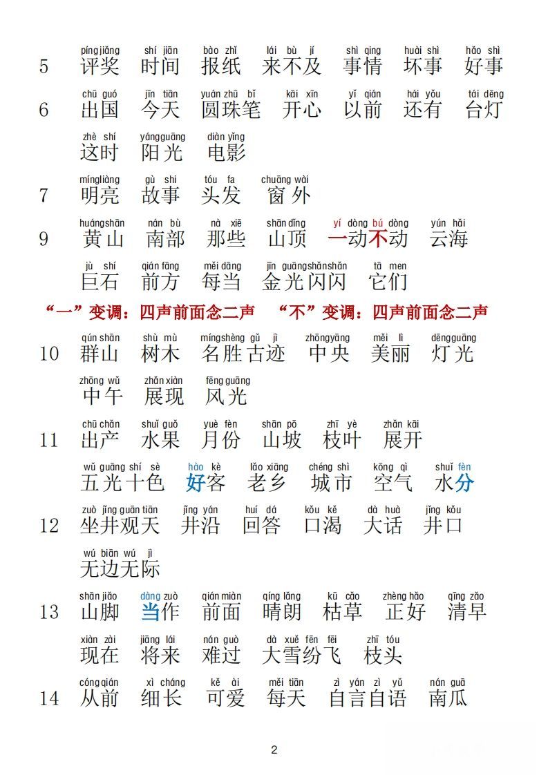 二年级语文上册词语表拼音版