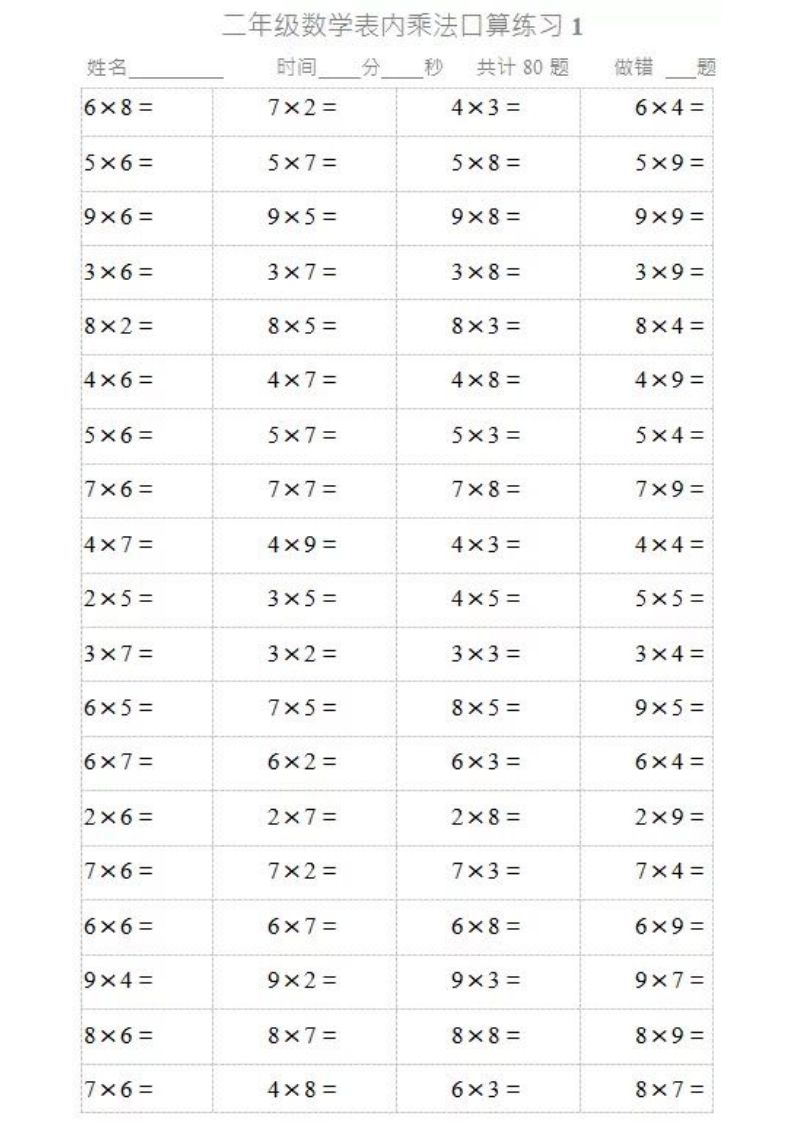 二上数学乘法口算题卡2