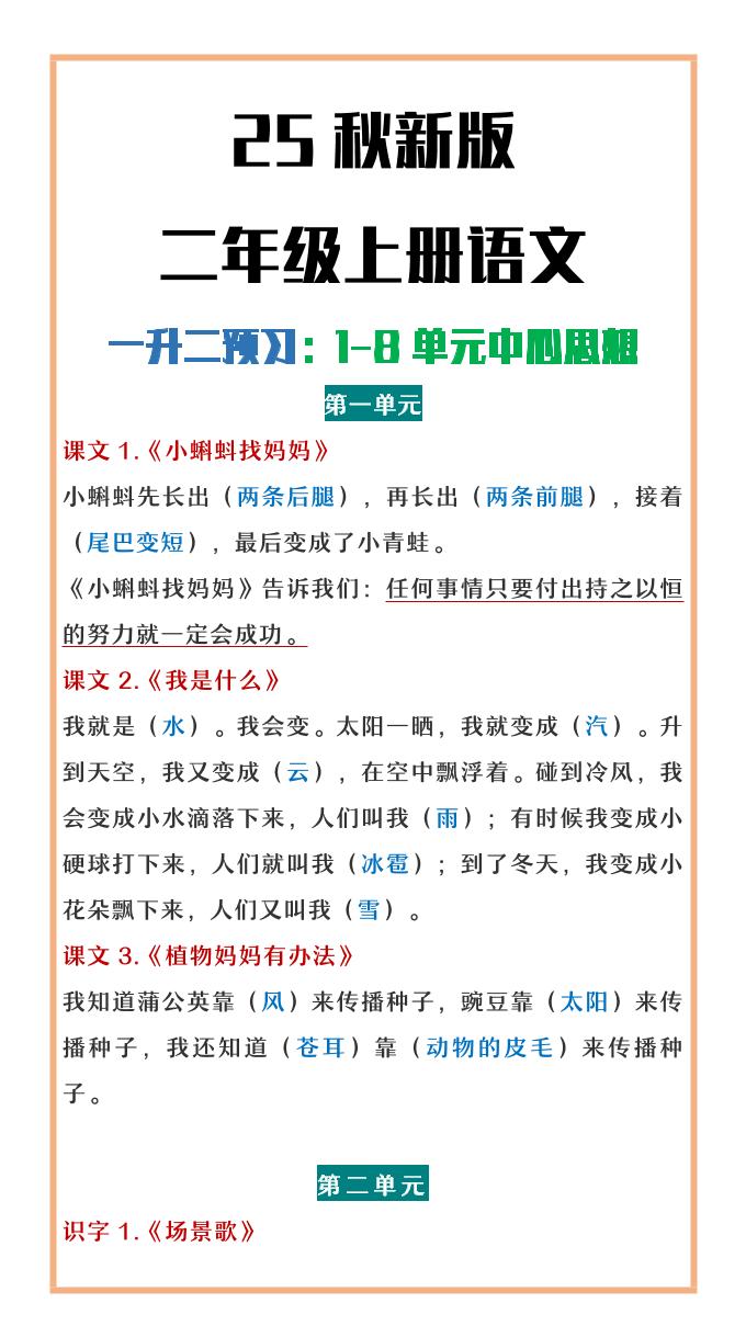 【2025秋新版】二年级上册语文1-8单元中心思想总结