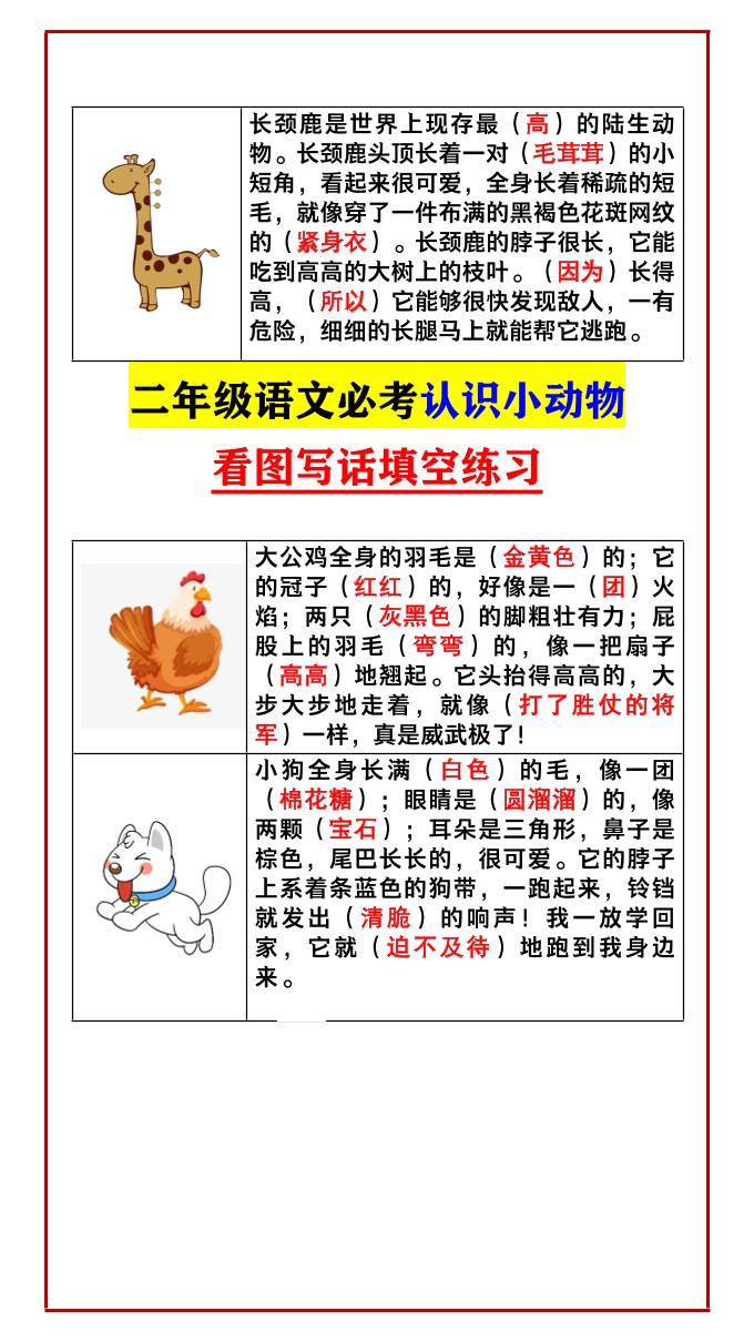【2025秋新版】二年级语文必考认识小动物看图写话填空练习-二上语文