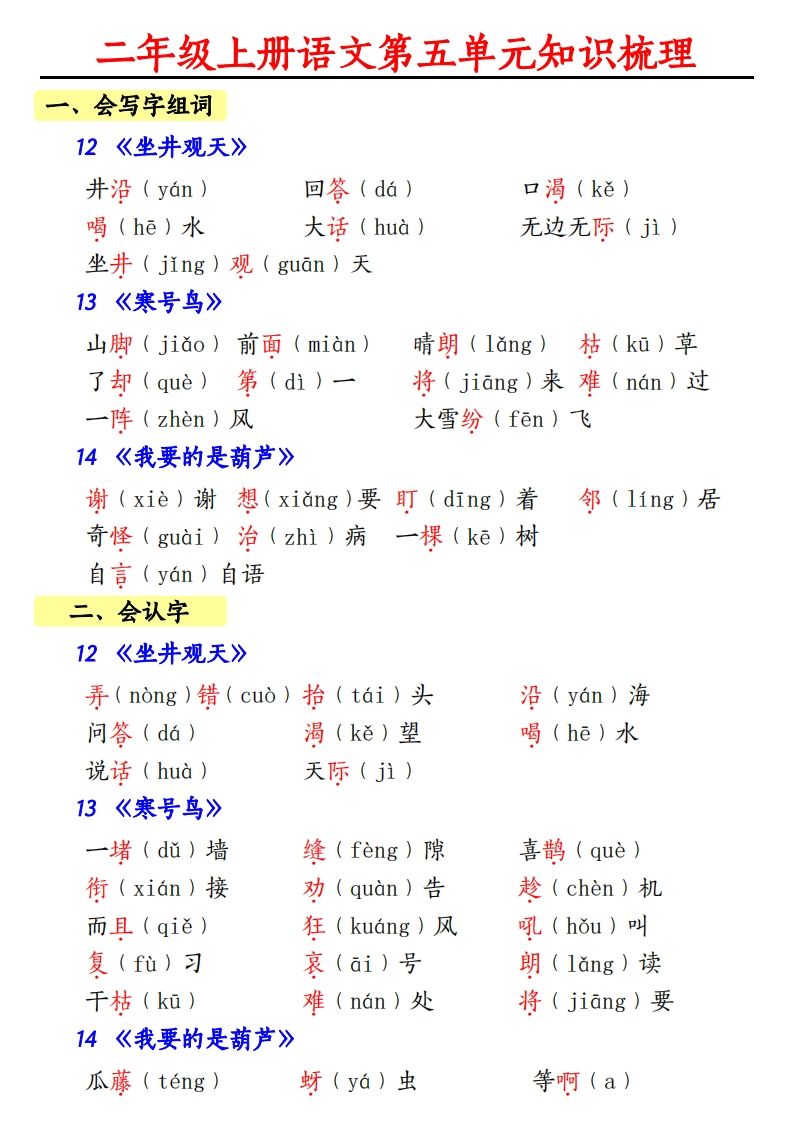 【第五单元知识梳理】二上语文