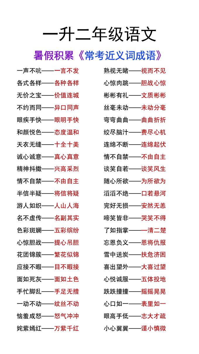 一升二年级语文上册暑假知识积累《近义词成语大全》
