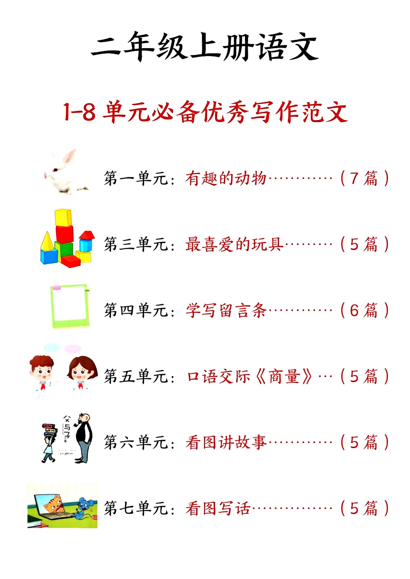 二上语文1-8单元必备优秀写作范文33篇（33页）