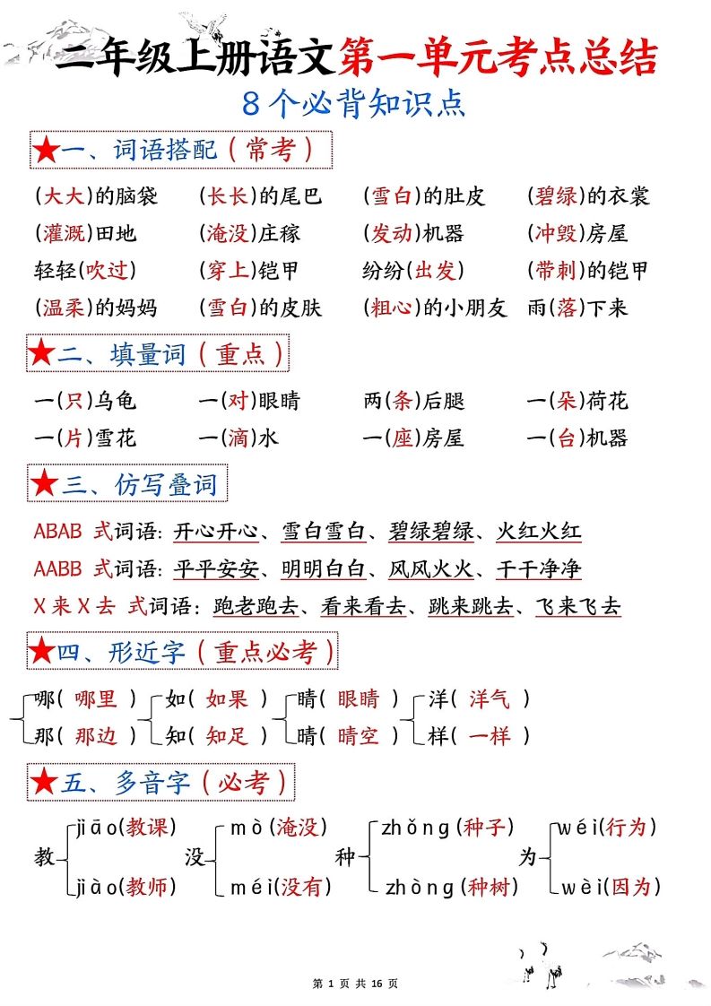 二年级上册语文1-8单元考点总结