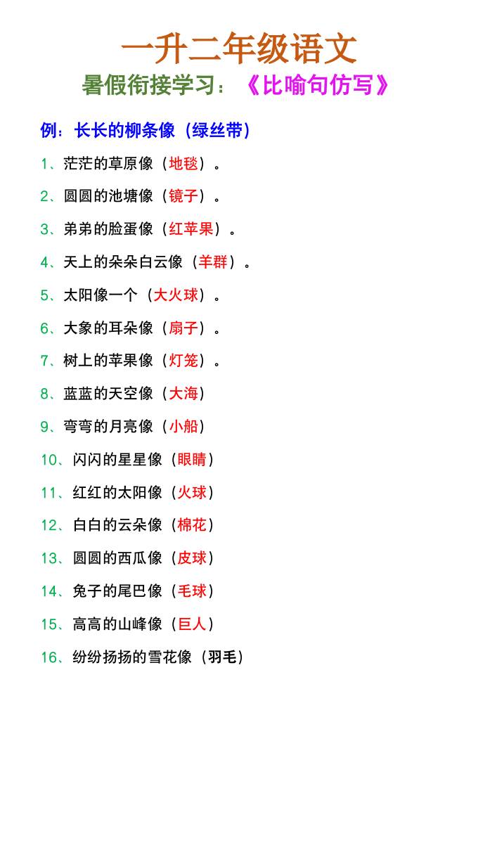 二年级上册语文《比喻句仿写》暑假衔接练习