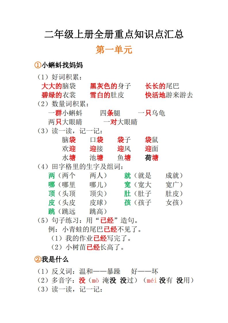 二年级上册语文全册每课重点知识点汇总()