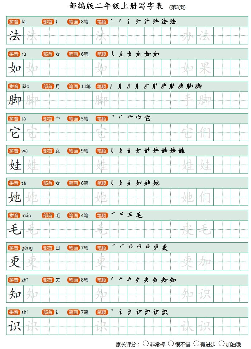 二年级语文上册写字表（25页）PDF（部编）