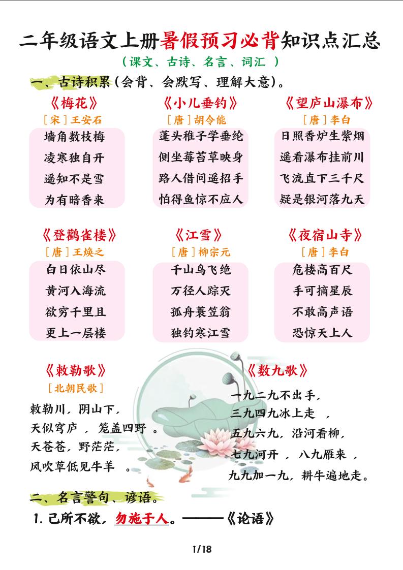 二年级语文上册暑假预习必背知识点汇总