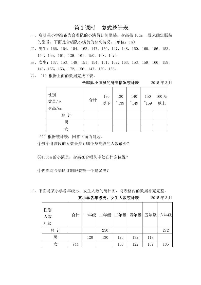 五年级数学上册第1课时复式统计表（苏教版）