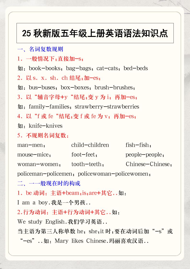【2025秋新版】五年级上册英语语法知识点