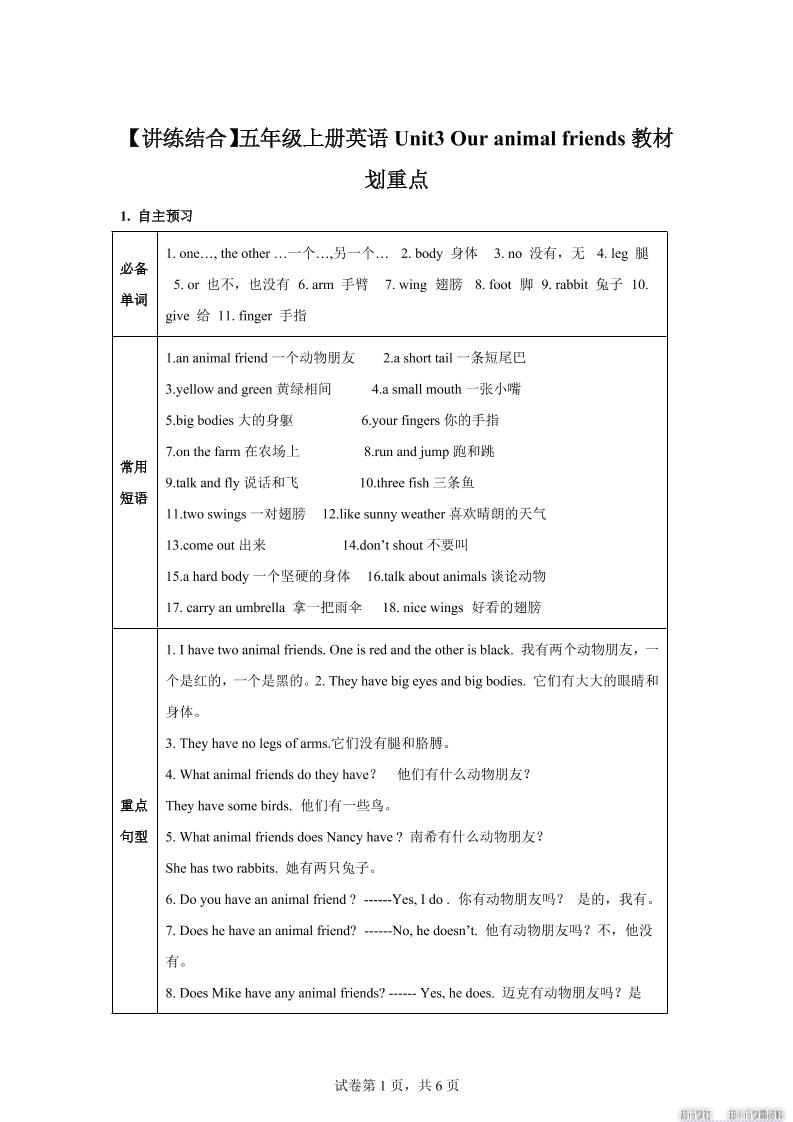 【单元热点难点】译林版（三起）英语五年级上册Unit3Ouranimalfriends教材划重点