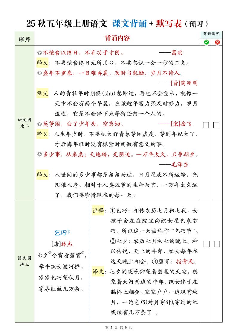 25年五年级上册语文全册必背内容