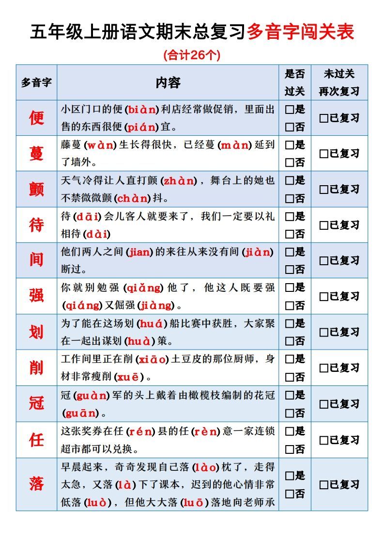 【期末总复习闯关表】五上语文