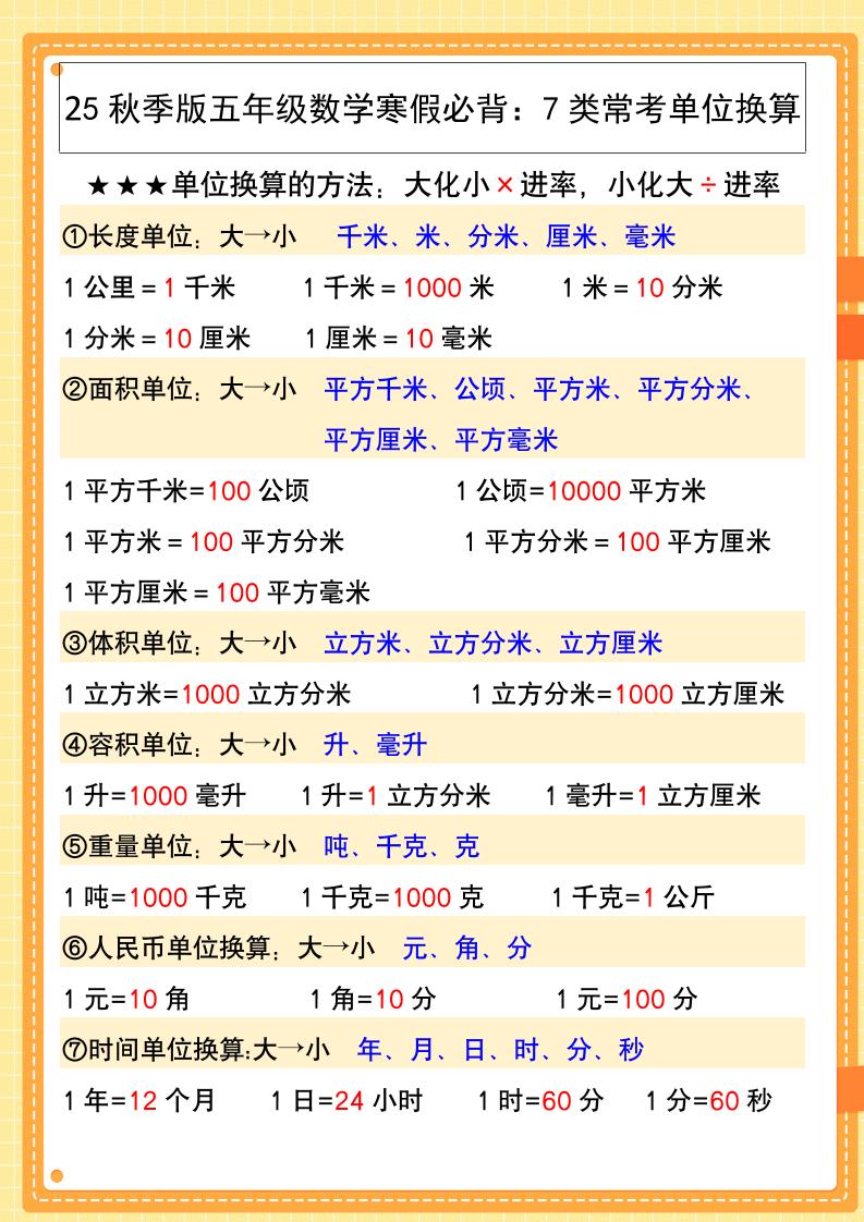 【2025秋新版】五年级数学寒假必背：7类常考单位换算-五上数学