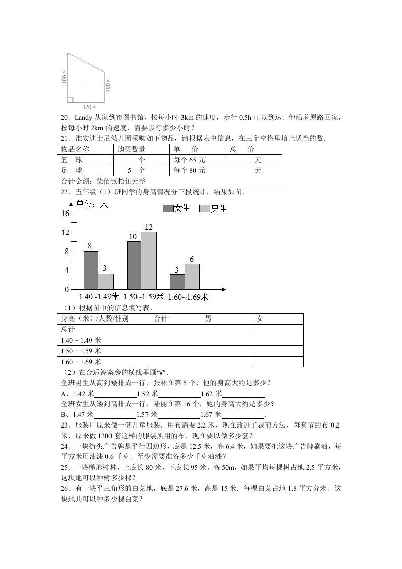 五年级数学上册期末测试卷5（苏教版）