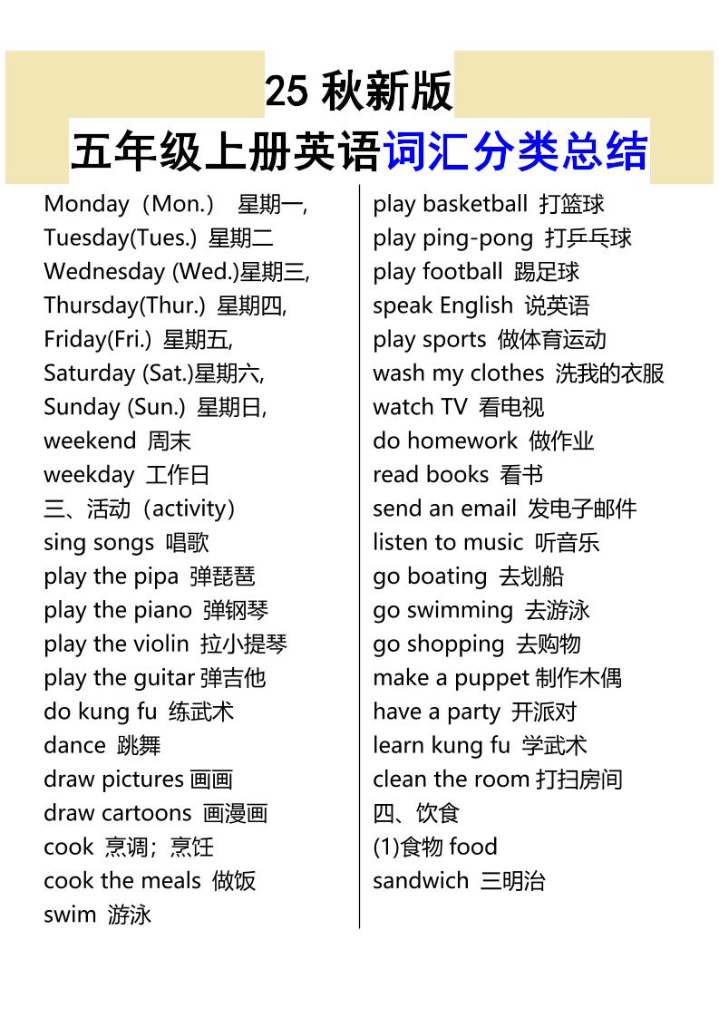 【2025秋新版】五年级上册英语词汇分类总结