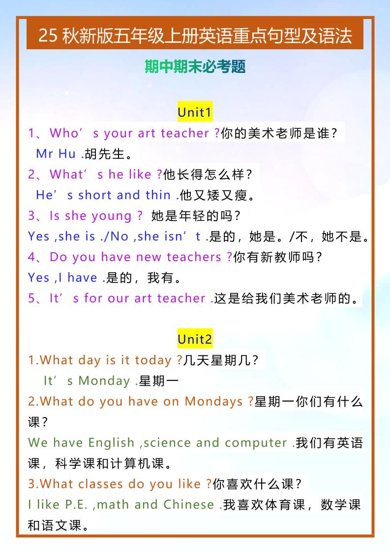 【2025秋新版】五年级上册英语重点句型及语法