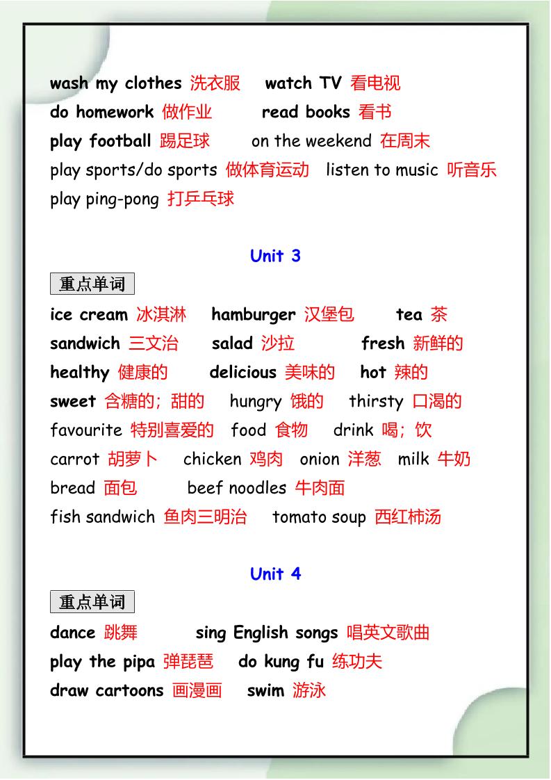 【2025秋新版】五年级英语上册期末必背重点单词短语归纳