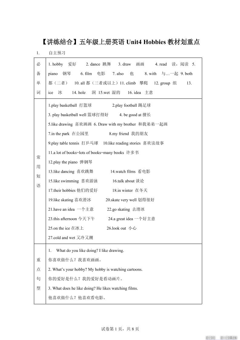 【单元热点难点】译林版（三起）英语五年级上册Unit4Hobbies教材划重点