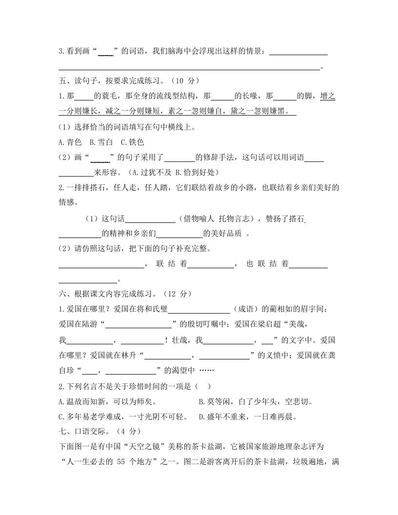 五年级语文上册上期中综合测评卷（二）（部编版）